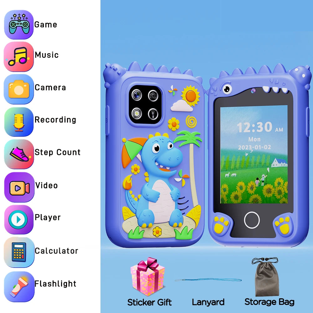 Blue Dino kids smartphone toy perfect for boys, photo shows it comes with a lanyard and storage bag.