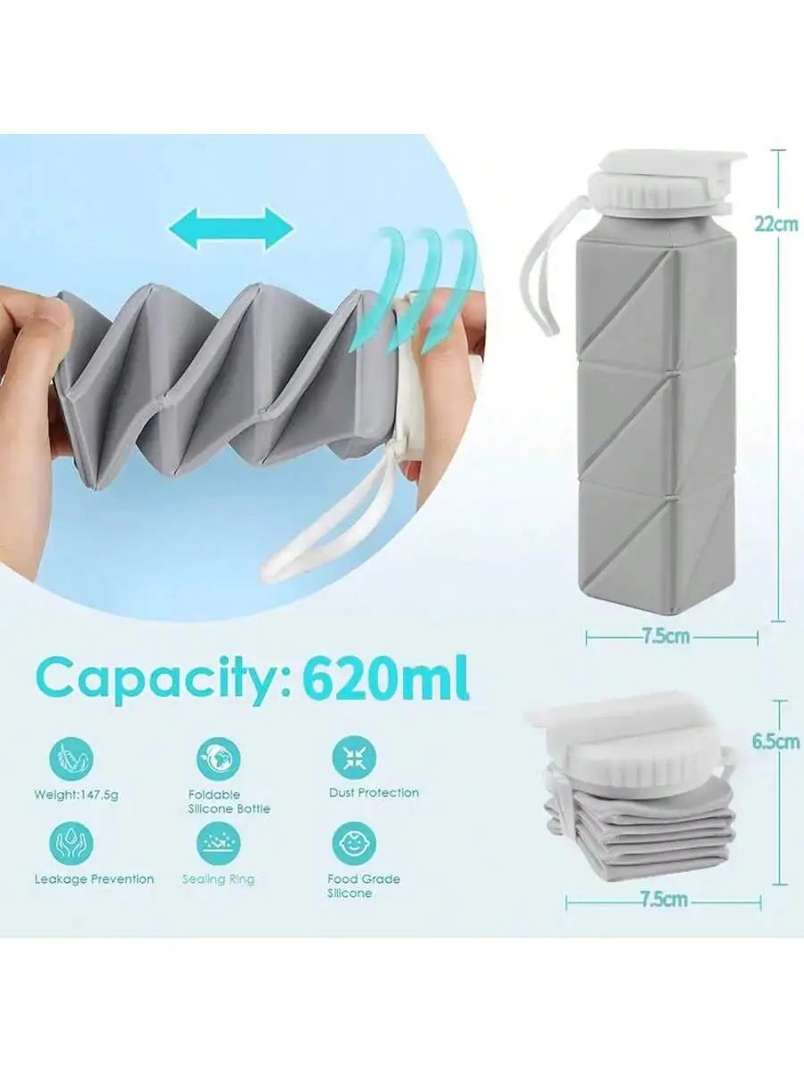 Collapsible water bottle with measurement details on a light blue background