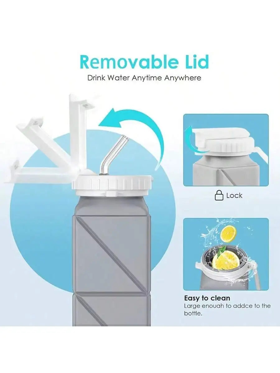 Bottle with removable lid and straw, featuring text on a white background