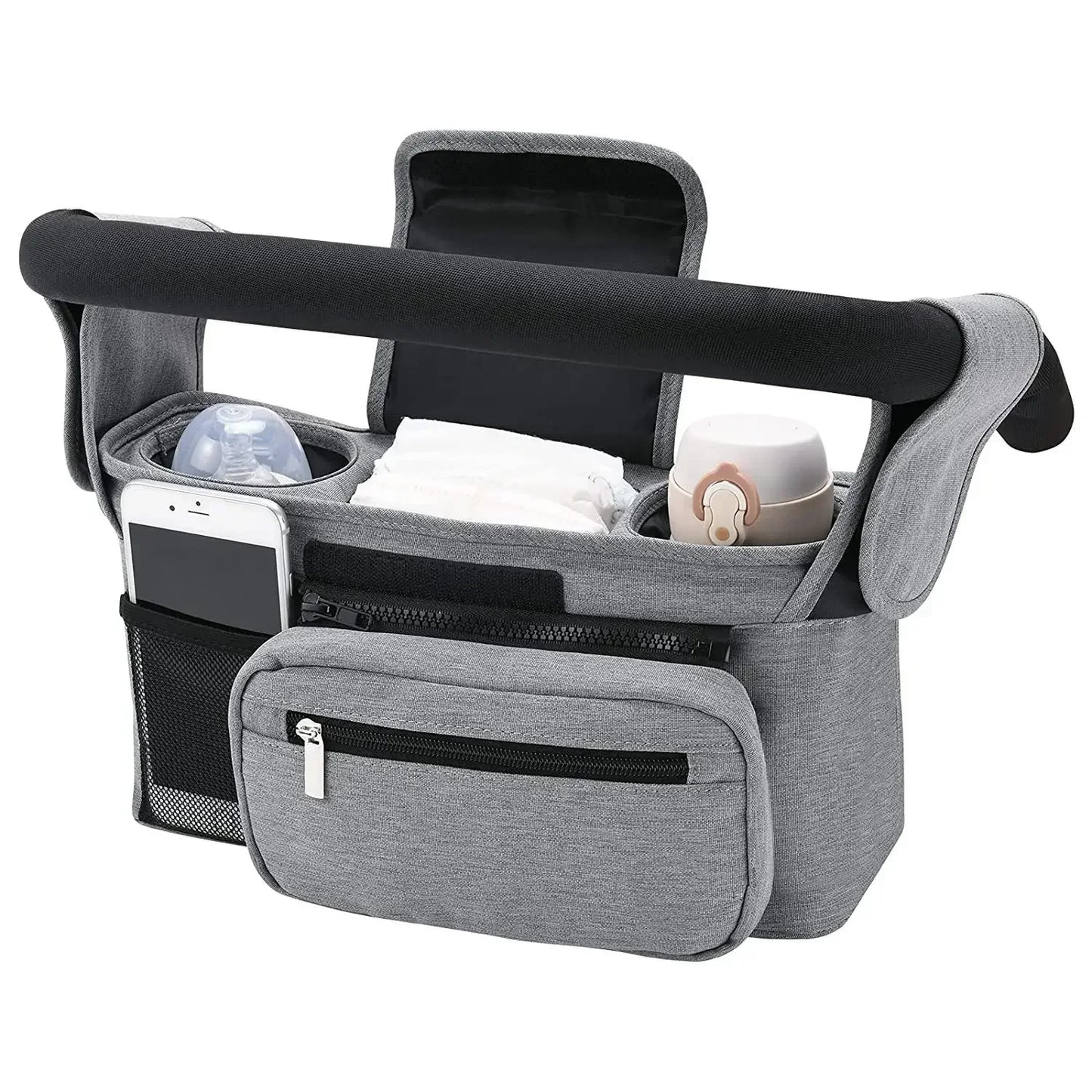 shows grey bag hanging from stroller
