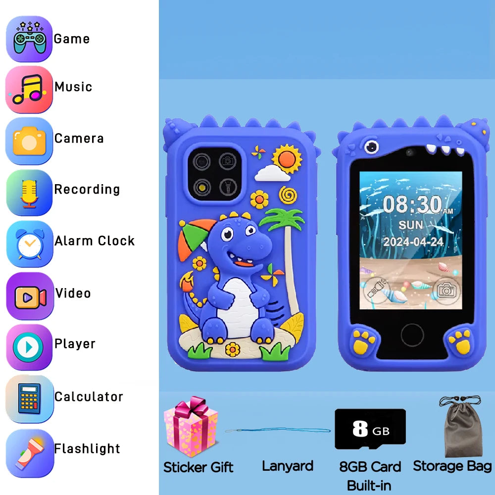 Blue Dino kids smartphone toy perfect for boys, photo shows it comes with a lanyard and storage bag.