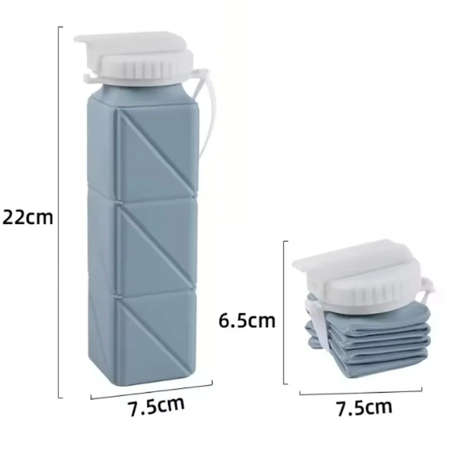Blue collapsible water bottle with measurements on a white background