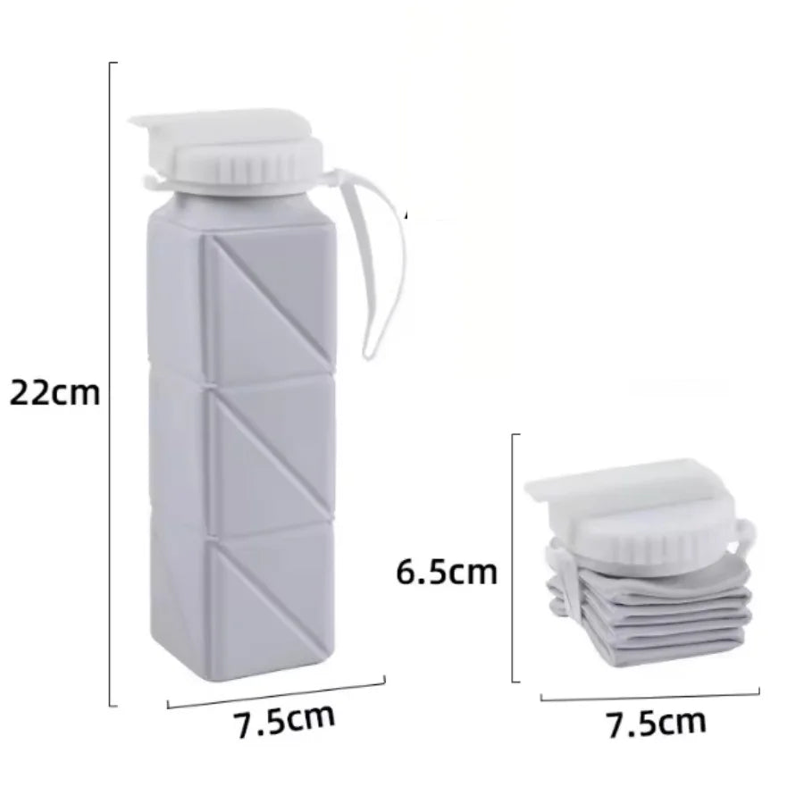 Gray collapsible water bottle with measurements on a white background