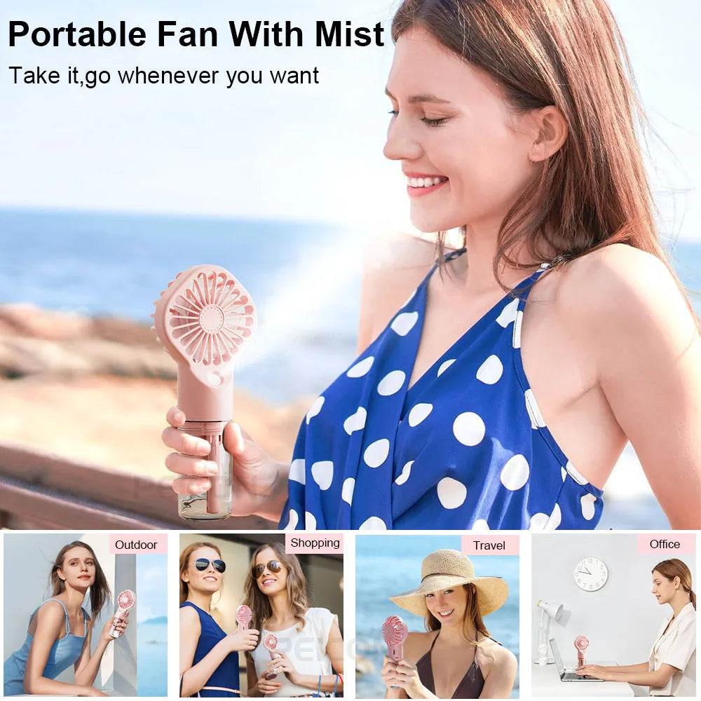 Woman holding a portable fan with mist feature by the beach, with text 'Portable Fan With Mist' and 'Take it, go whenever you want'.
