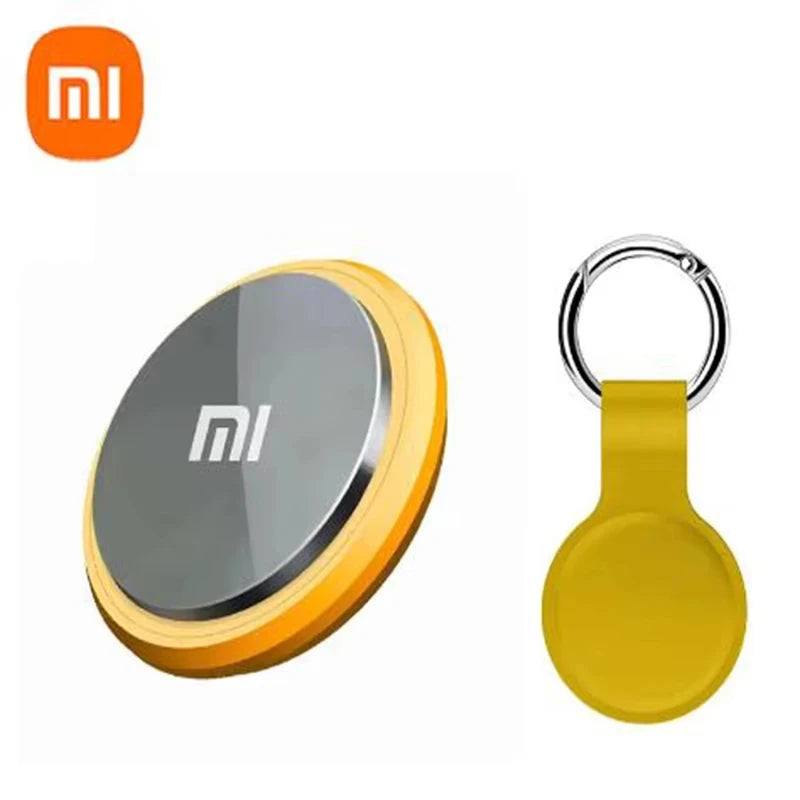 Two Xiaomi products on a white background, one round with a metallic finish and the other yellow with a keyring.