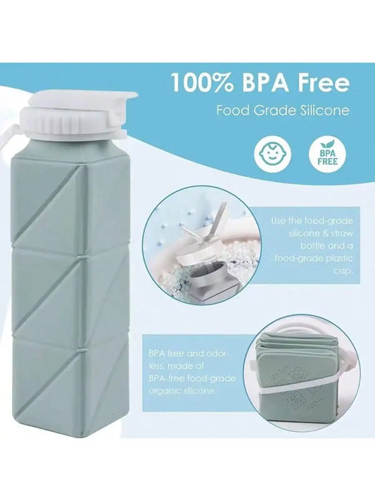 Silicone water bottle with geometric design on a light blue background, featuring '100% BPA Free' text.