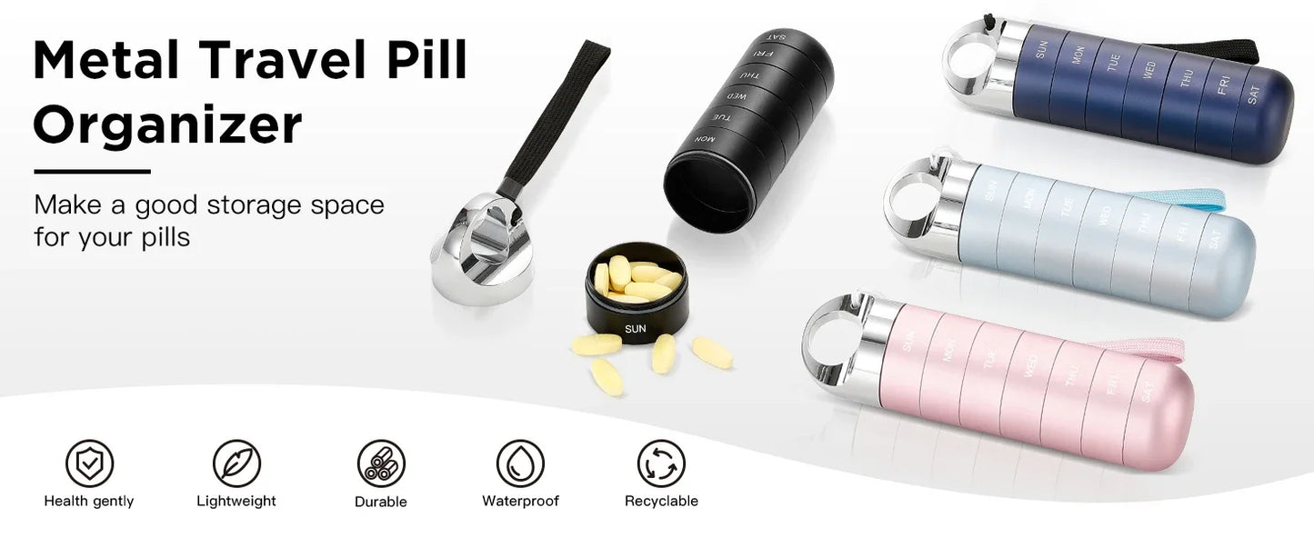 Metal travel pill organizer with various colors on a white background. colours are black, pink, blue and navy