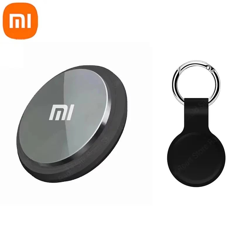 Black round device with keychain and Xiaomi logo on a white background