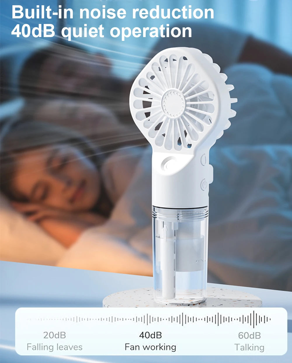 Portable fan with noise reduction feature displayed on a blurred background of a person sleeping.