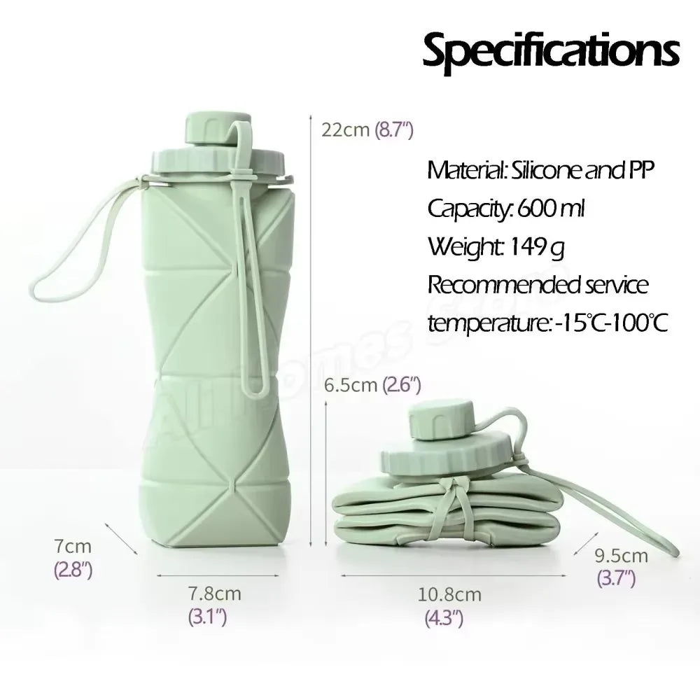 this shows the specifications of the bottle. its made of silicone and pp. it hold 600ml of liquid. measurements when full is 22cm x 7.8cm when folded its 6.5cm and 10.8cm