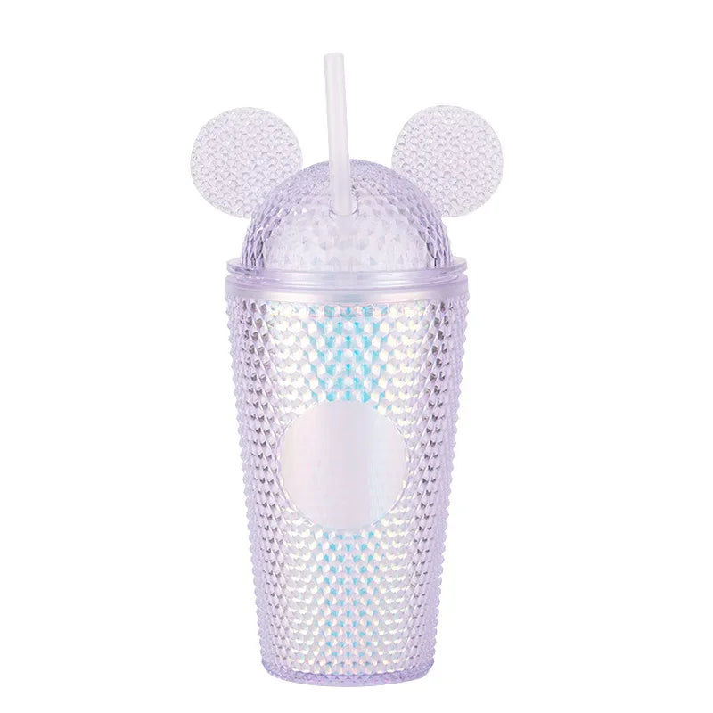 this shows the mouse ears tumbler cup in the colour silver with silver mouse ears and transparent straw