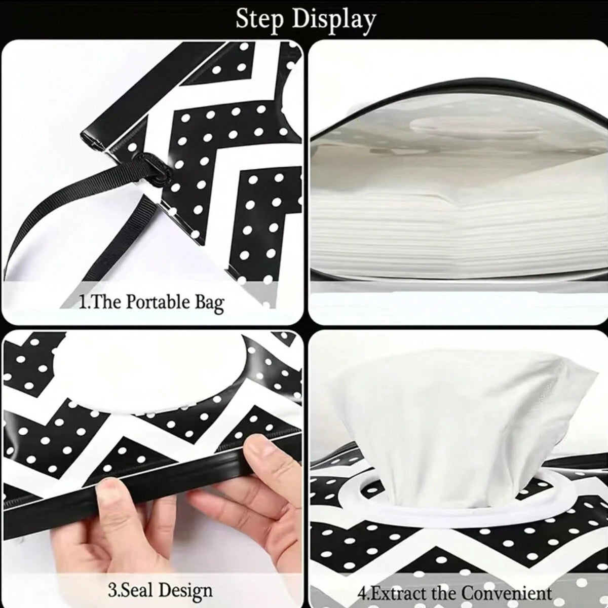 shows the bag is portable, holds many wipes or tissues, has a seal design and a flip top dispenser