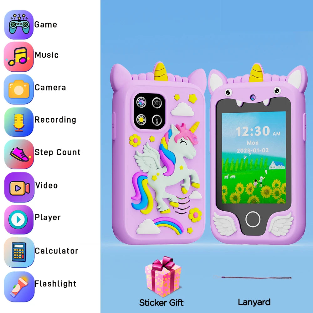 Purple Unicorn kids smartphone toy perfect for girls, photo shows it comes with a lanyard