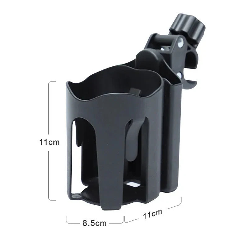 Black cup holder with dimensions on a white background. 11cm x 11cm base of cup holder is 8.5cm
