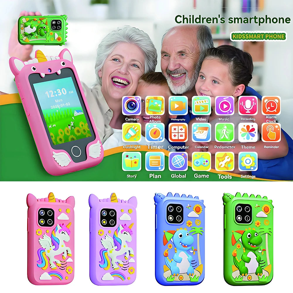 Grandma and Grandad taking a selfie with the grandkids on the green dinosaur camera. the bottom of the photo show the unicorn phone cover in pnk in a lilac purple and the dino phone in blue and green.