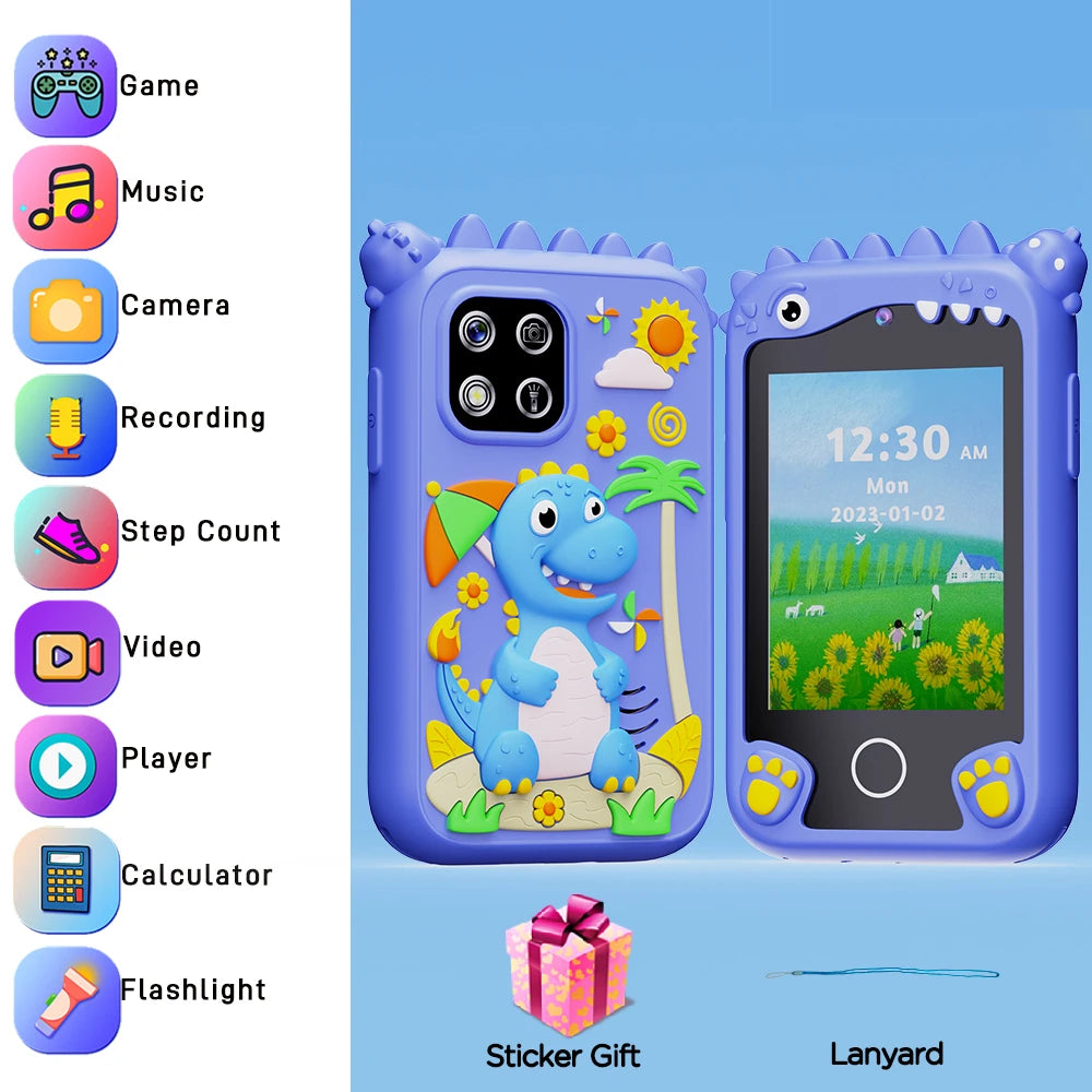 Blue Dino kids smartphone toy perfect for boys, photo shows it comes with a lanyard
