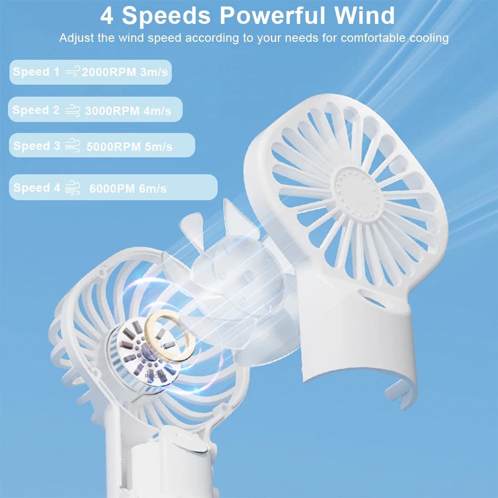 Handheld fan with adjustable speed settings on a blue background