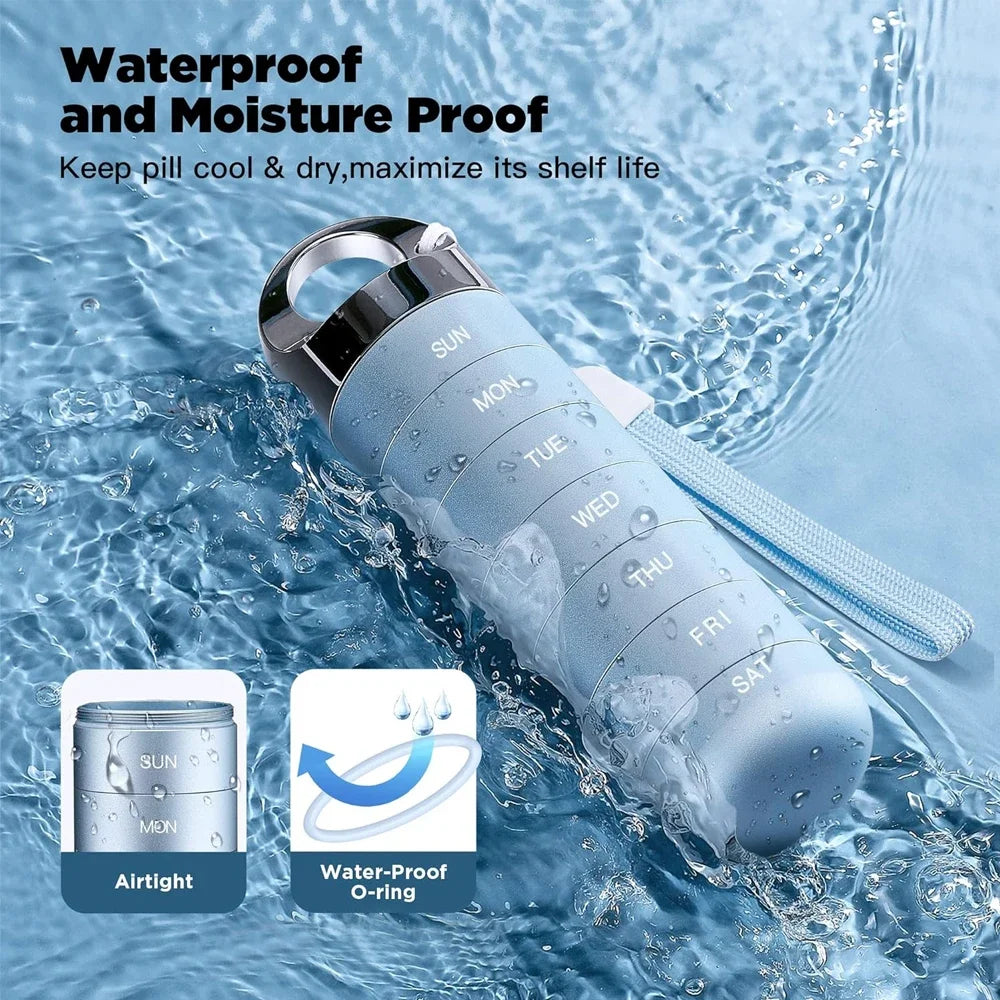 Blue pill organizer with water splashes and text highlighting waterproof and moisture-proof features.