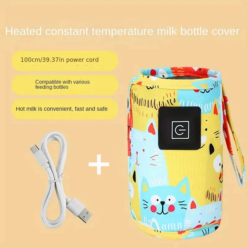 Heated constant temperature milk bottle warmer inn Yellow & Blue with power cord on a beige background