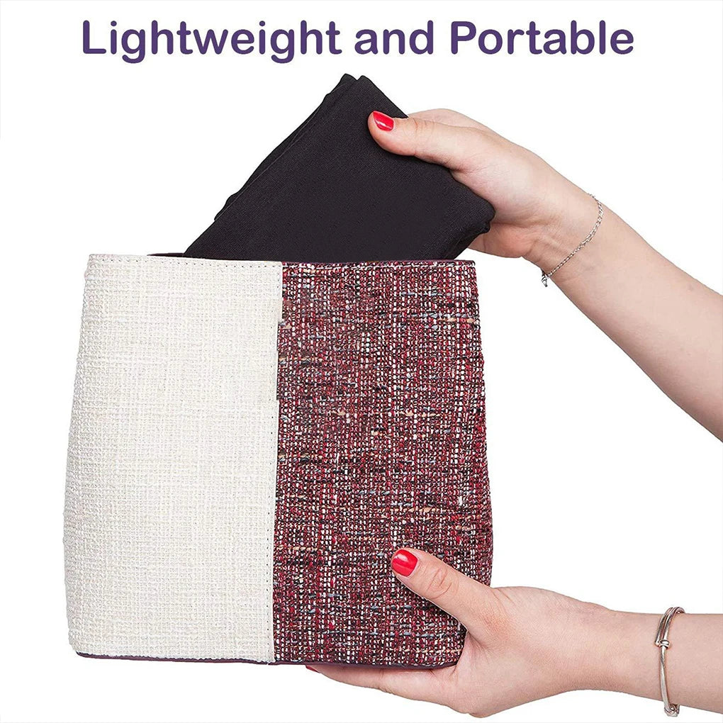 Hand holding a colorful clutch bag with text 'Lightweight and Portable' on a white background