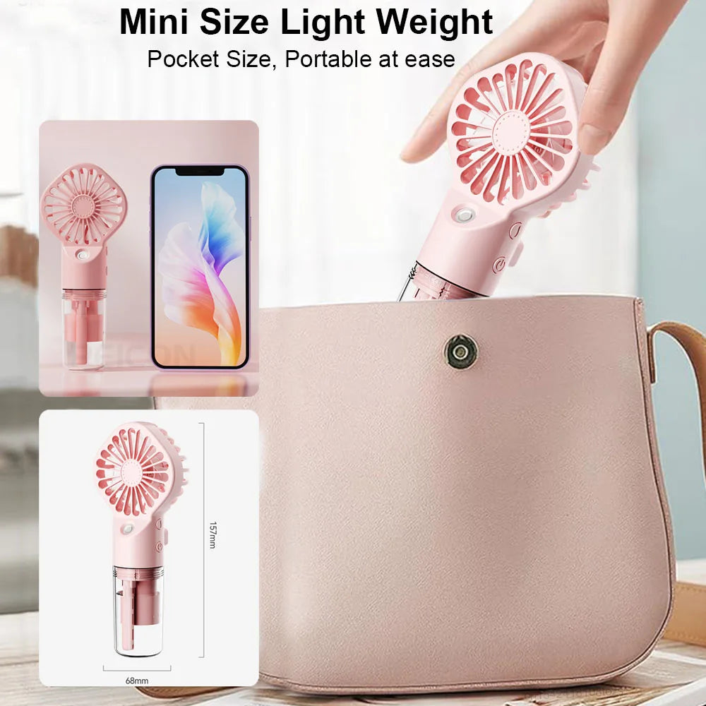 Pink handheld fan with smartphone for scale, placed inside a pink bag, with text highlighting size and portability.