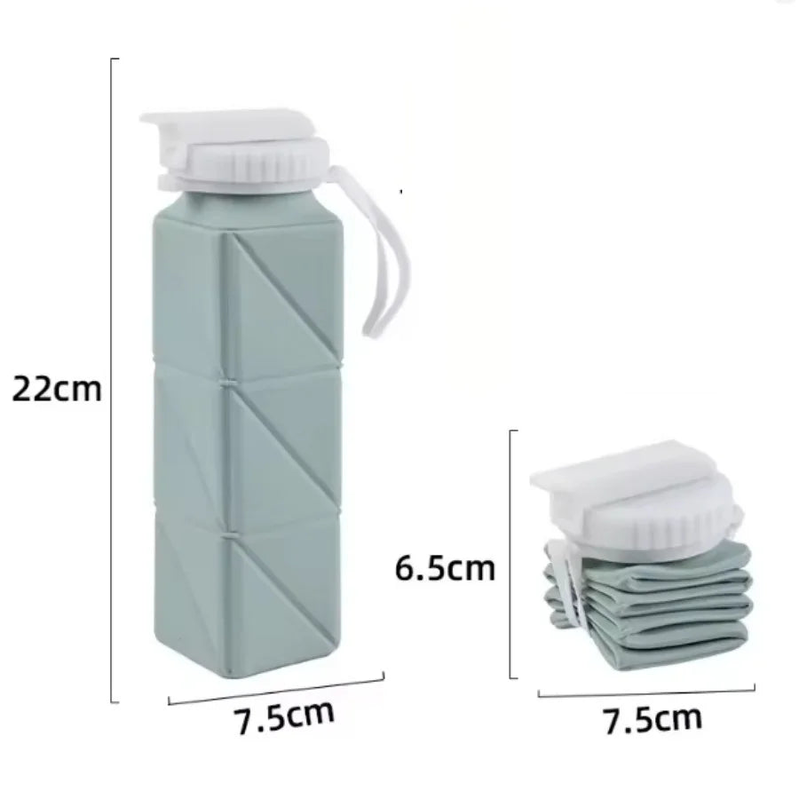 Green collapsible water bottle with measurements on a white background