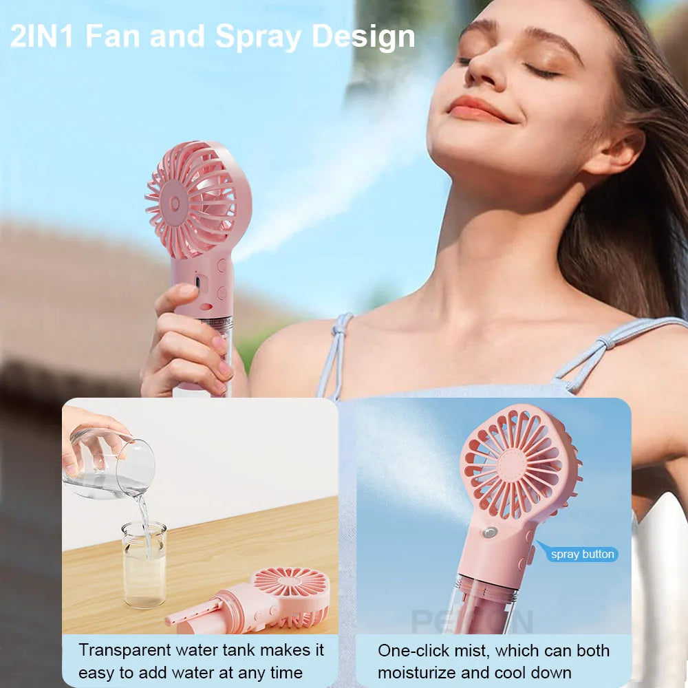 Handheld fan with spray feature held by a woman outdoors, with inset images showing water tank and misting action.