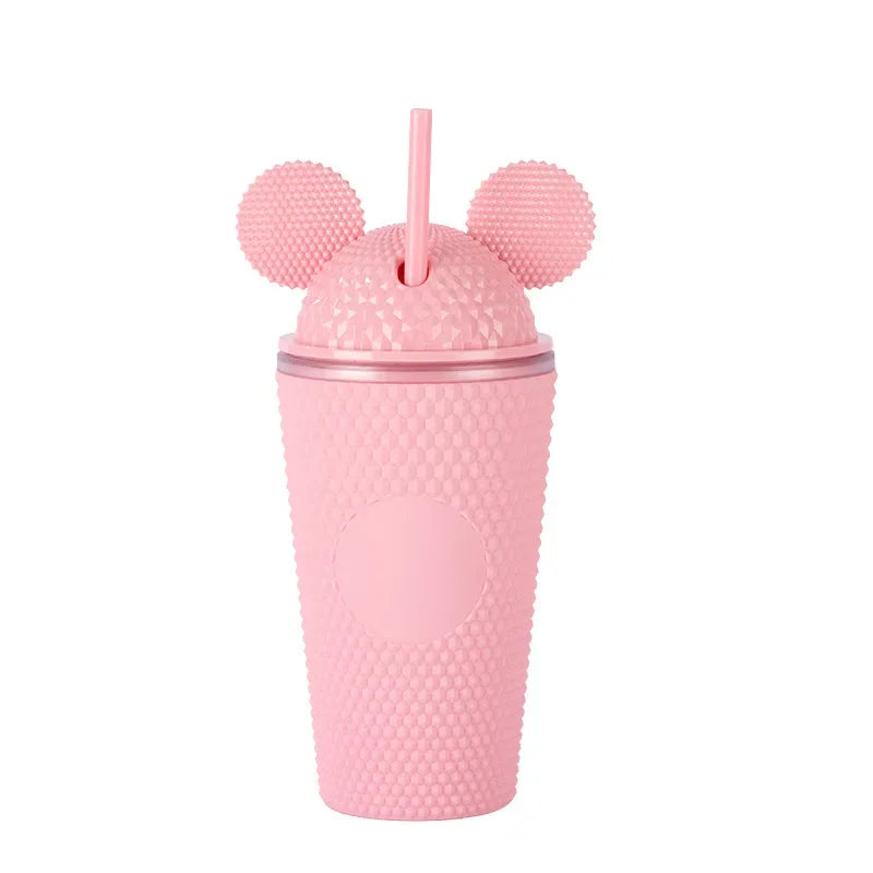 this shows the mouse ears tumbler cup in the colour pink with pink mouse ears and pink straw