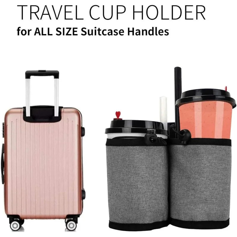 Travel cup holder for suitcase handles with a rose gold suitcase and the gray cup holder.