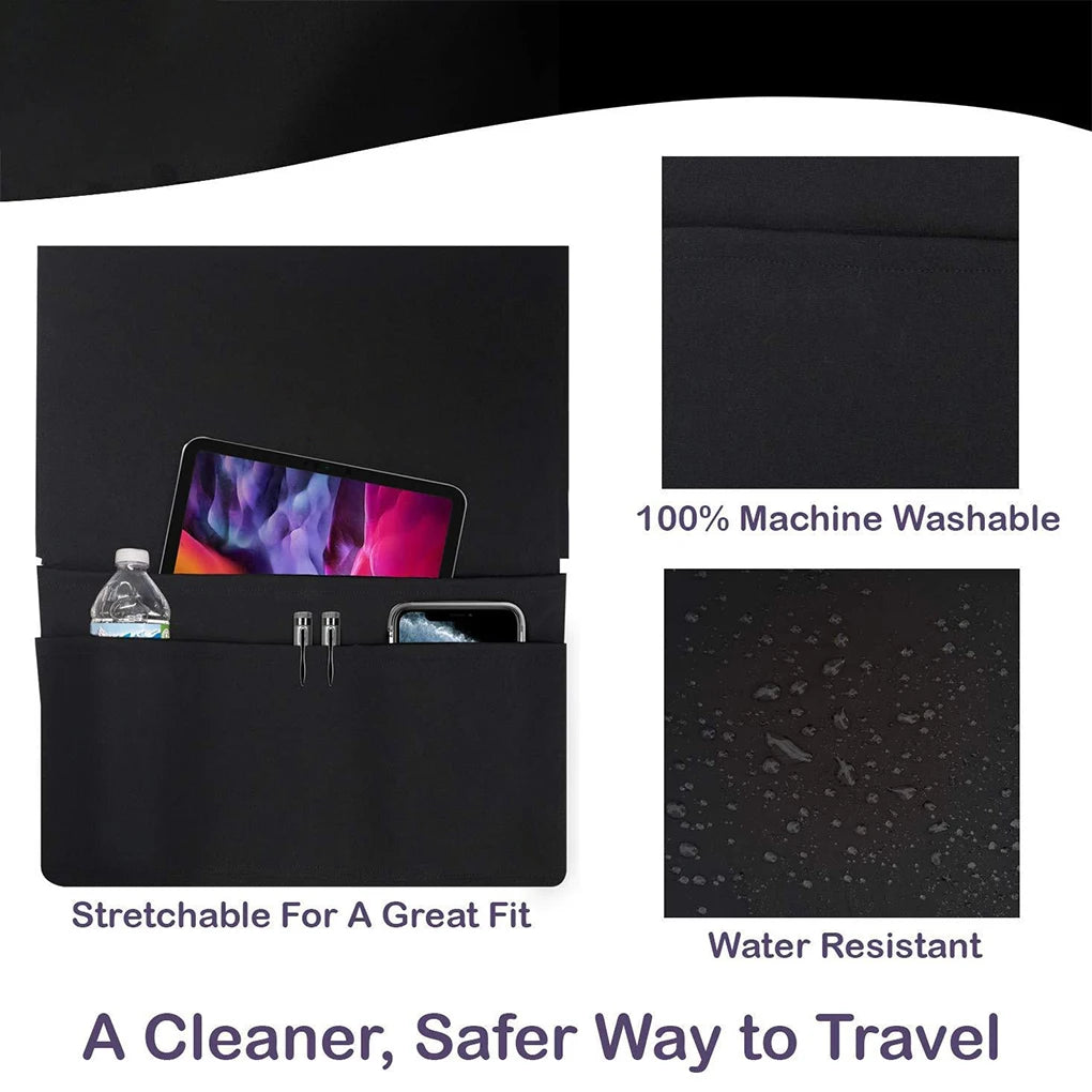 Black travel organizer with compartments for electronic devices and a bottle, featuring text about machine washability and water resistance.