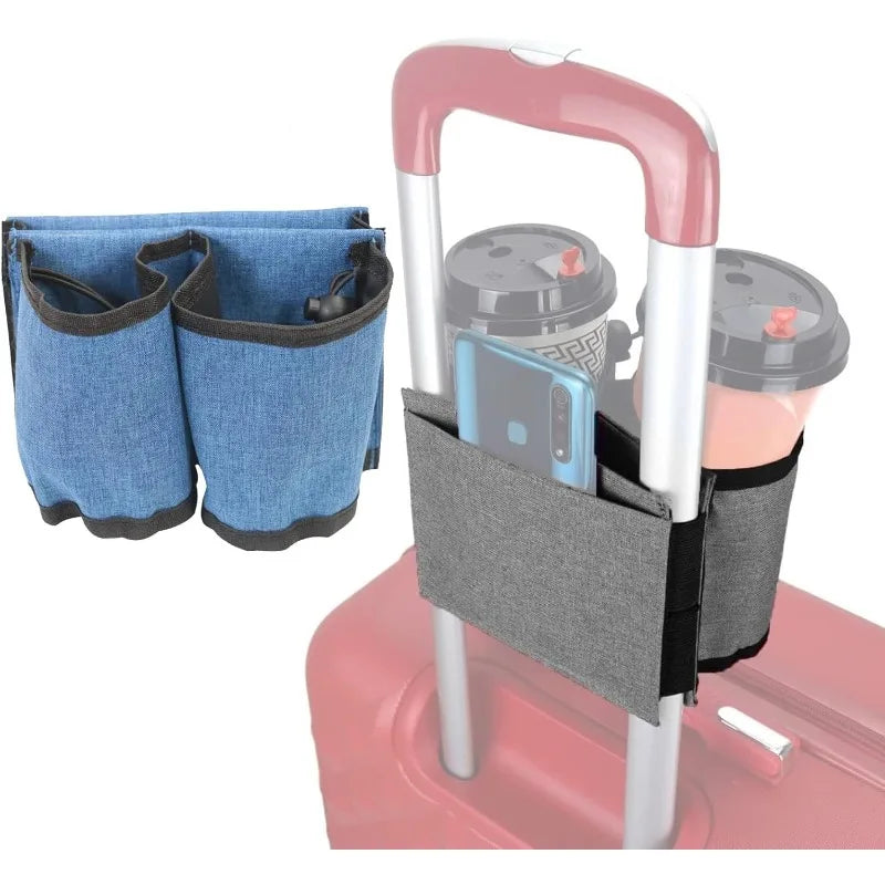 Luggage caddy with cup holders and storage pockets on a white background