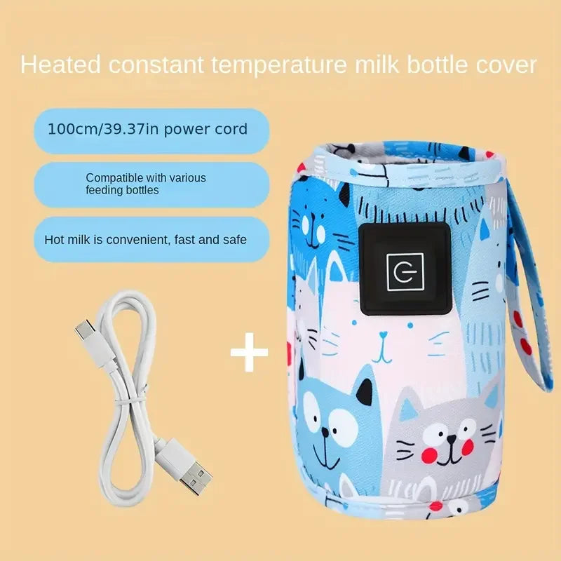 Heated constant temperature milk bottle warmer in Blue with power cord on a beige background
