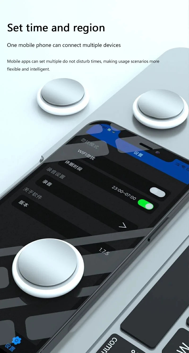 Smartphone with app interface on screen, surrounded by three round control buttons.