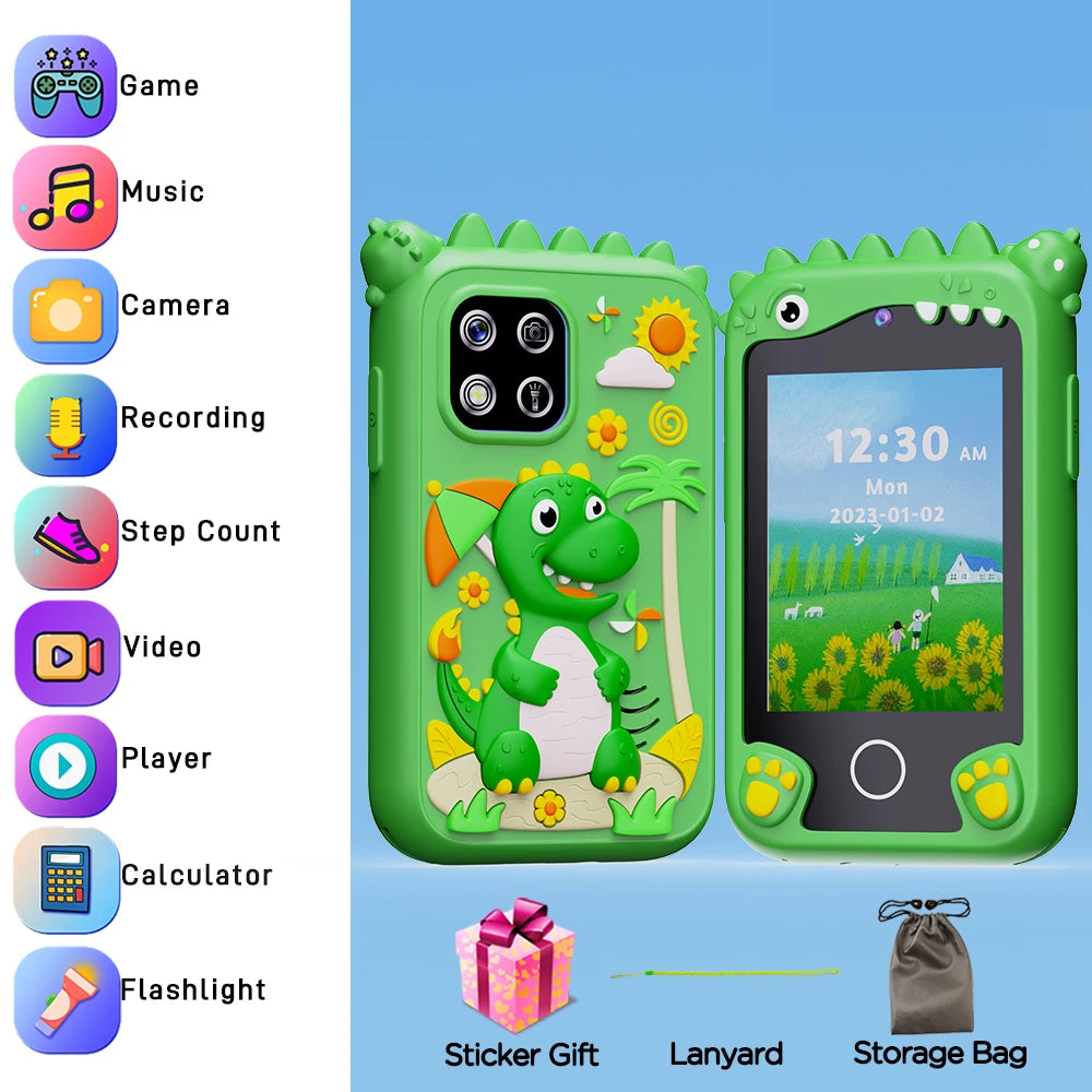 Green Dino kids smartphone toy perfect for boys, photo shows it comes with a lanyard and storage bag.