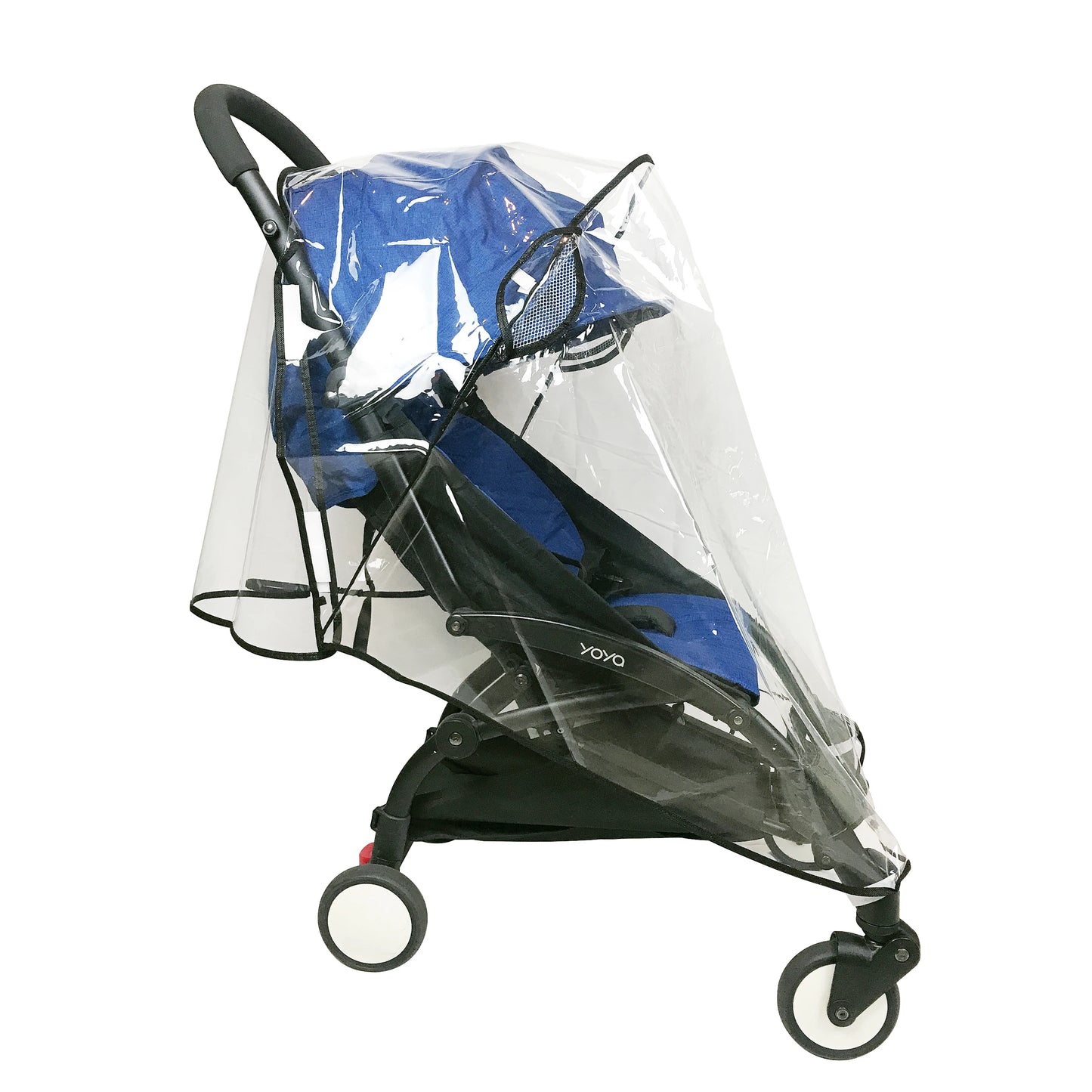 Blue stroller with a clear rain cover on a white background
