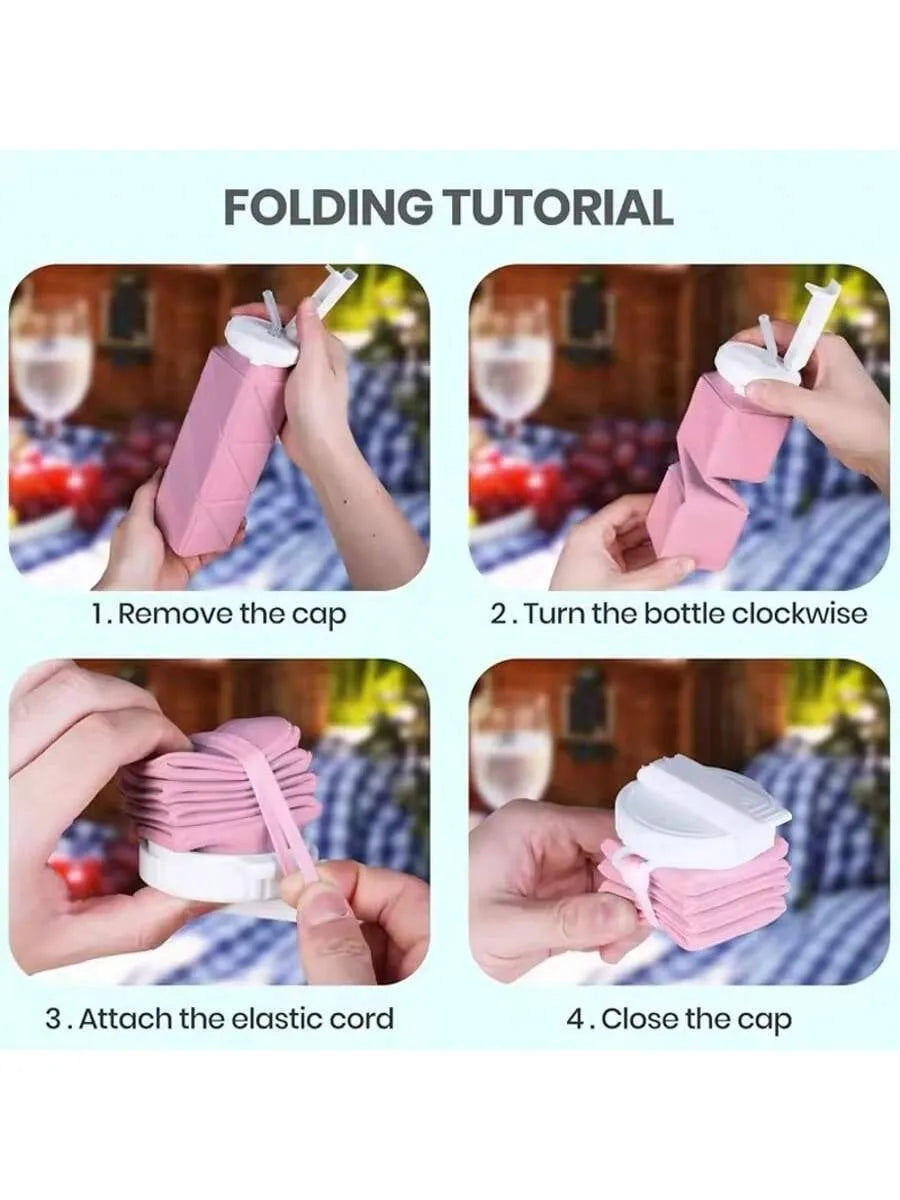 Step-by-step folding tutorial for a bottle with elastic cord, shown in four steps.
