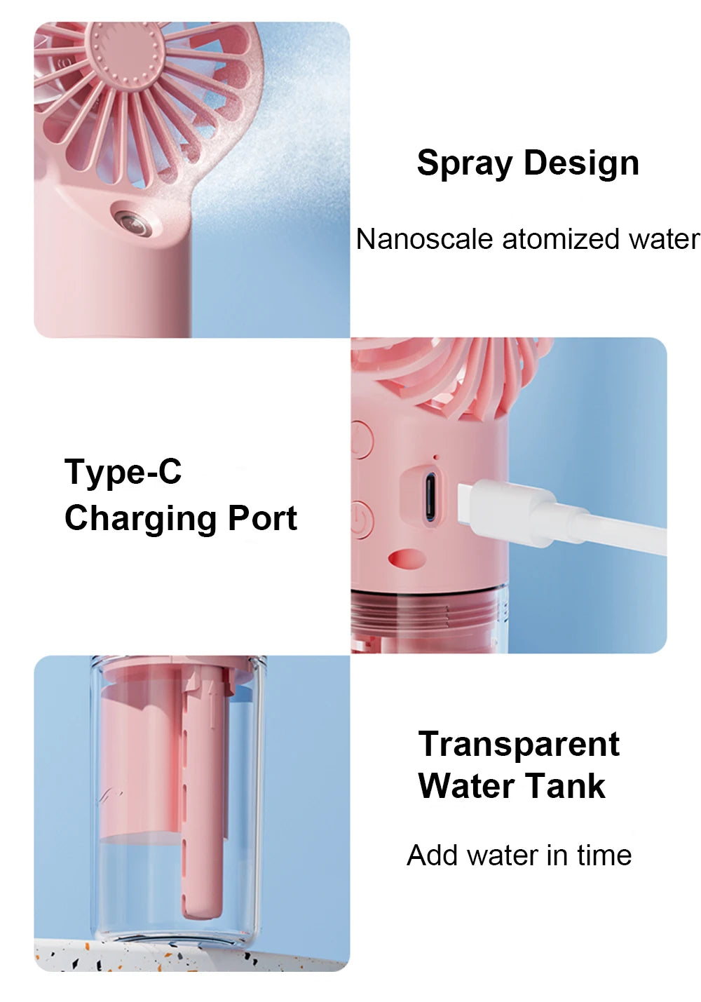 Pink handheld device with spray design, Type-C charging port, and transparent water tank on a white background.