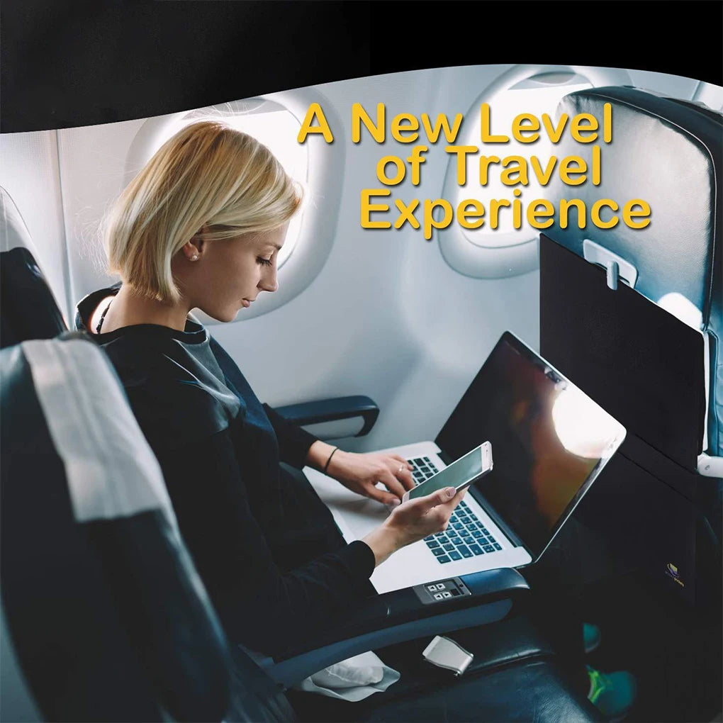 Woman using a laptop on an airplane with text 'A New Level of Travel Experience'.
