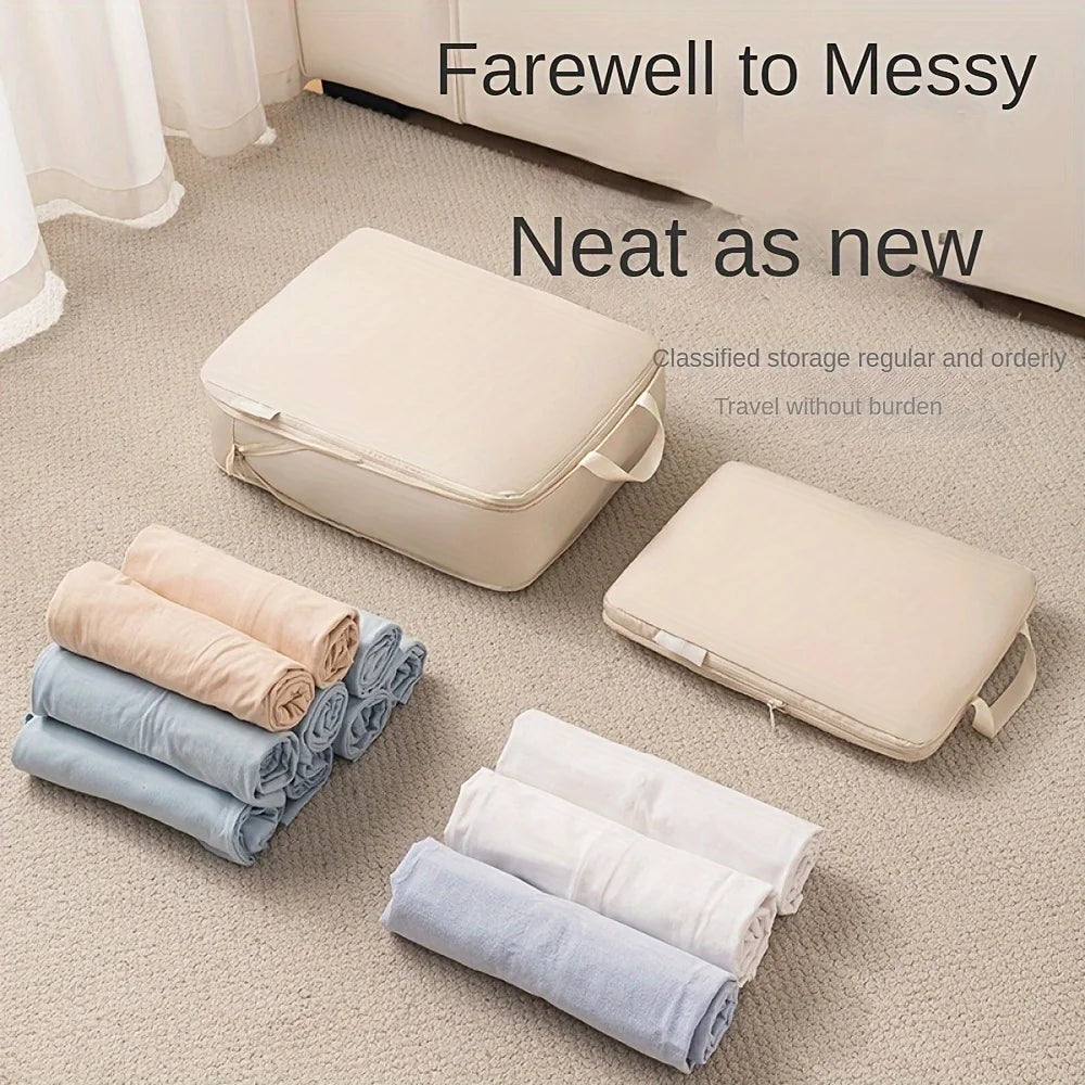 Beige storage bags and folded clothes on a carpeted floor with text 'Farewell to Messy, Neat as new'.