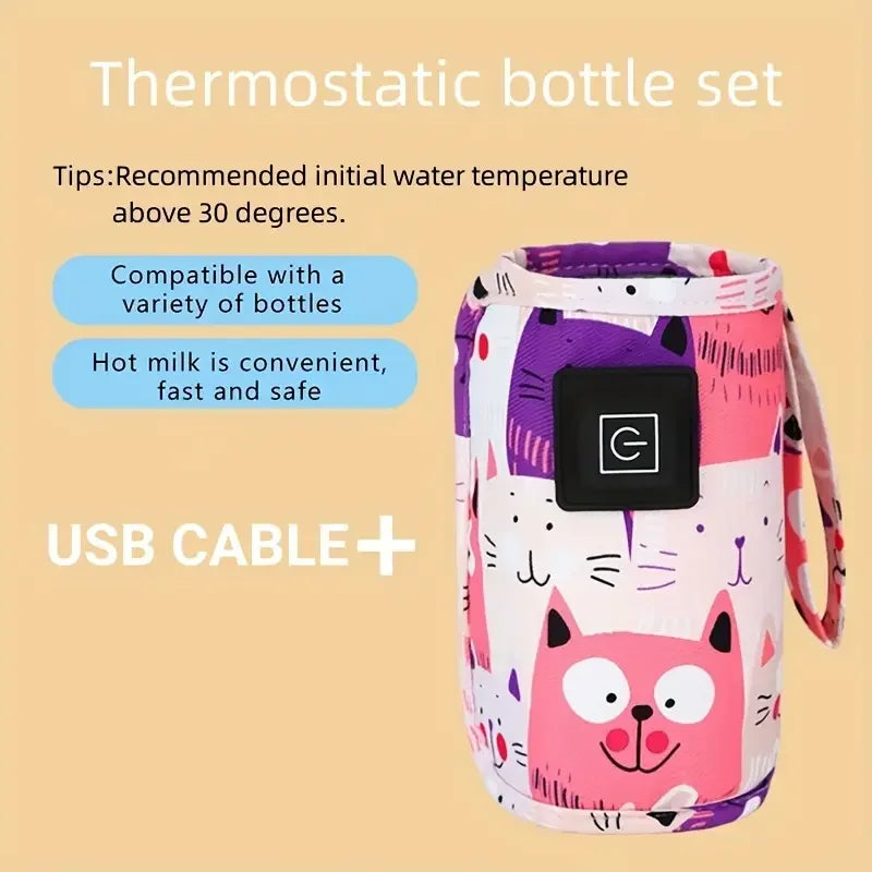 Thermostatic bottle set with pink & purple cartoon design on a beige background