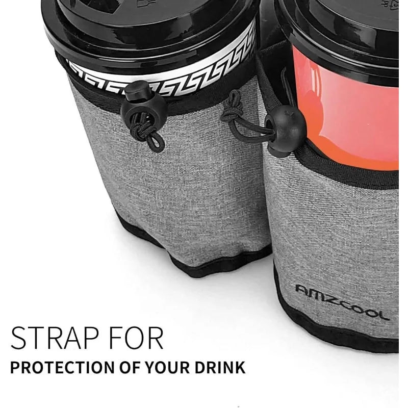 Two insulated drink containers in the luggage cup holder showing the cup secure straps for protection on a white background