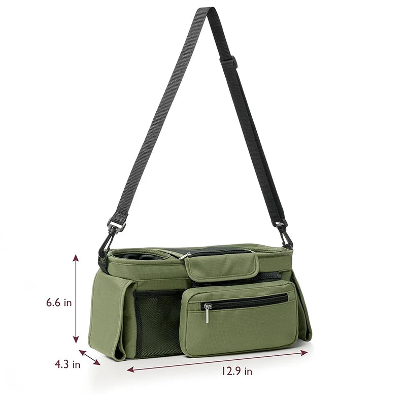 olive green bag with dimensions of 12.9 in x 4.3 in wide x 6.6in depth