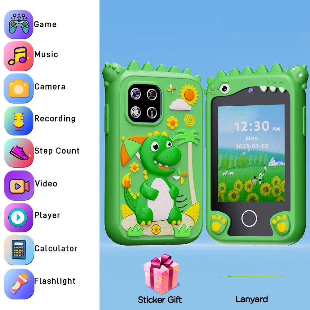 Green Dino kids smartphone toy perfect for boys, photo shows it comes with a lanyard