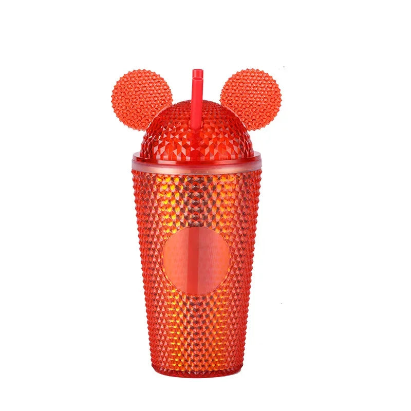 this shows the mouse ears tumbler cup in the colour red with red mouse ears and red straw