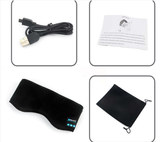 Black bluetooth headband with USB cable, user manual, and carrying pouch on a white background
