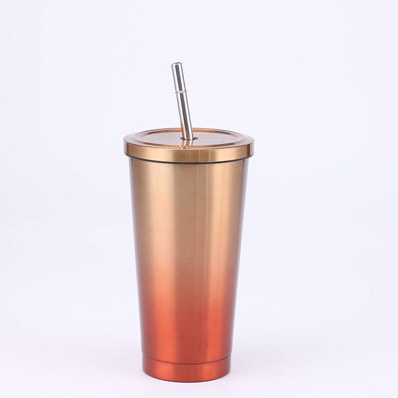 Stainless Steel Insulated Tumbler in gradient colour yellow red (red at the bottom and the top is a copper colour), size of 500ml with Straw.