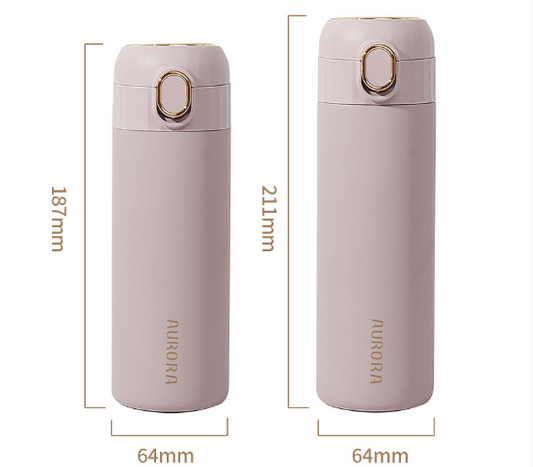 This shows the measurements of the 2 bottles. the 320ml is 187mm x 64mm and the 380ml is 211mm x 64mm. the colour of the bottle in the image is light su pink with gold lettering saying aurora and a pretty gold edging detail on the flip lid button.