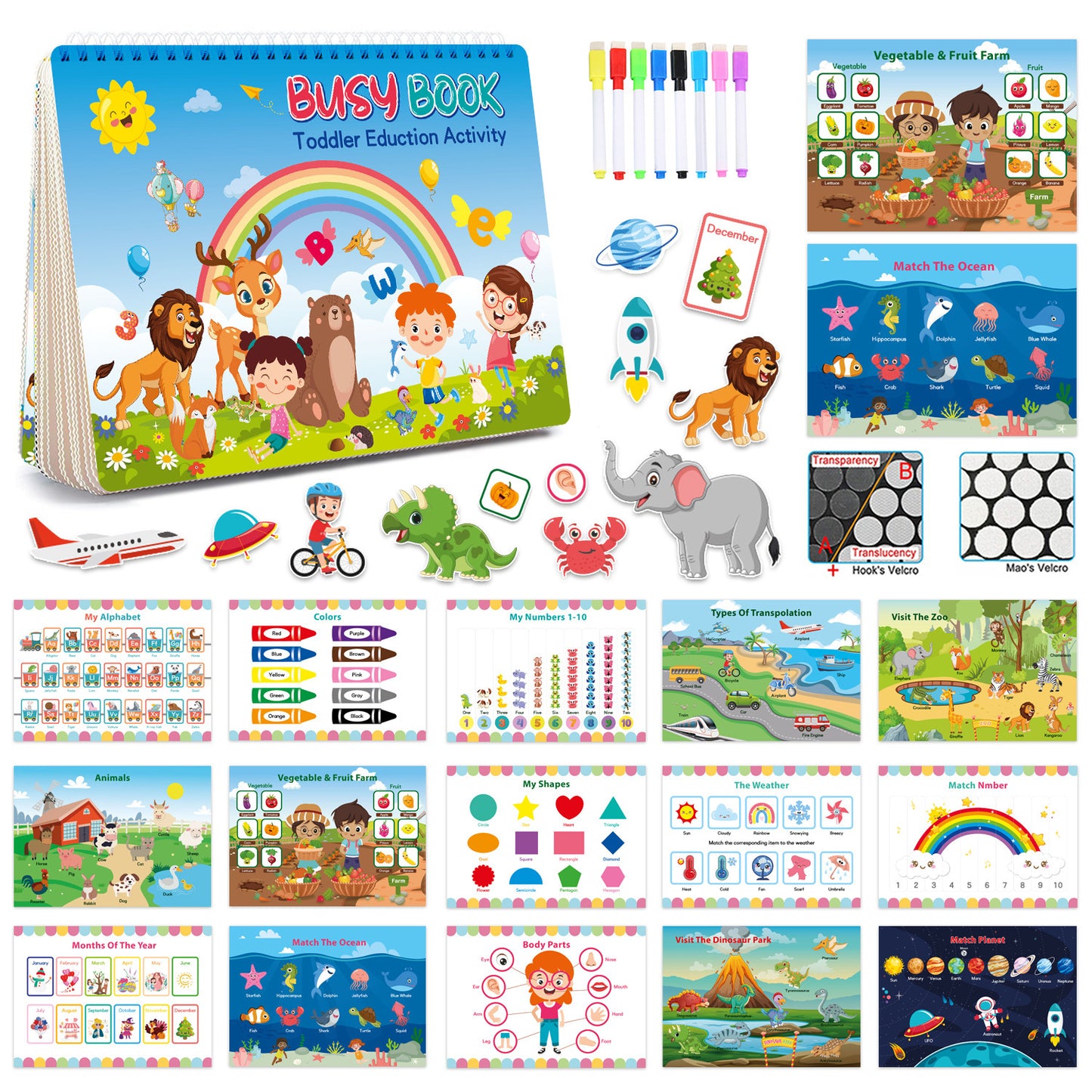 This shows the busy book for kids and shows a few of the pages included, the animal cards, sea life page, learning names of vegetables, animals, colours, counting, farm animals, the planets, shapes, alphabet, different ty. it's perfect es of vehicles, body parts and coloured pens