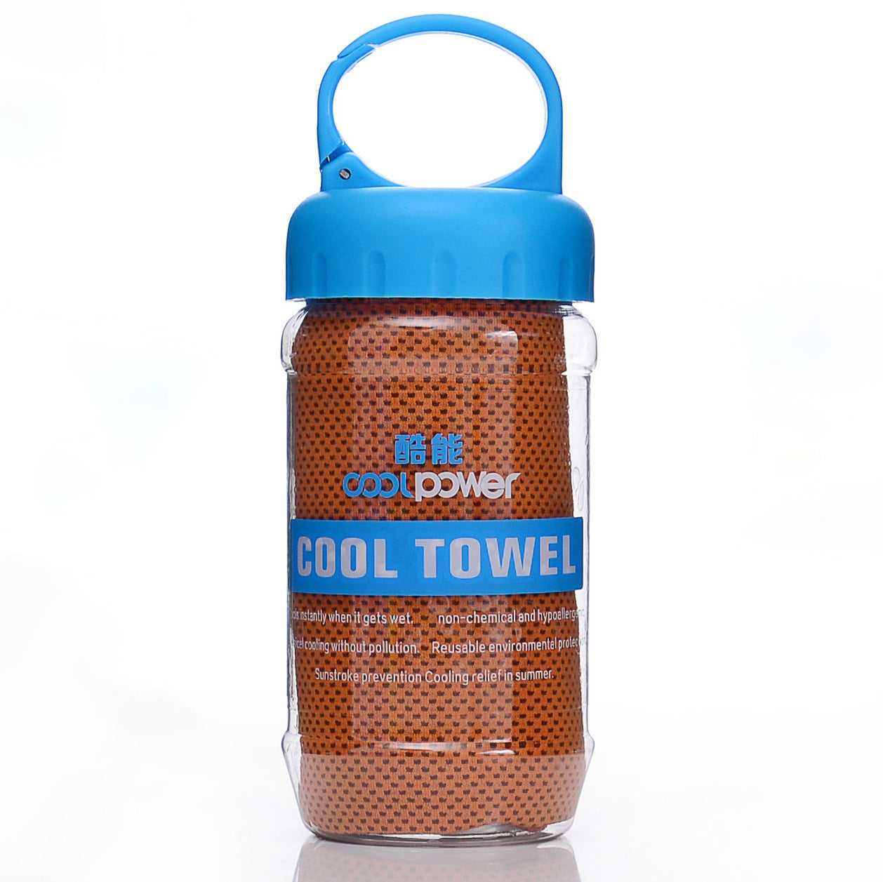 Orange Cooling Towel in a little plastic bottle with a bag clip on the lid for easy travel and space saving purposes.