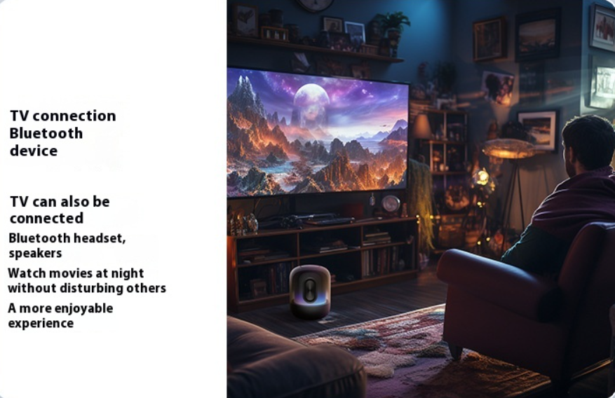 The adapter is plugged into a tv showing omeone gaming and using a bluetooth speaker.